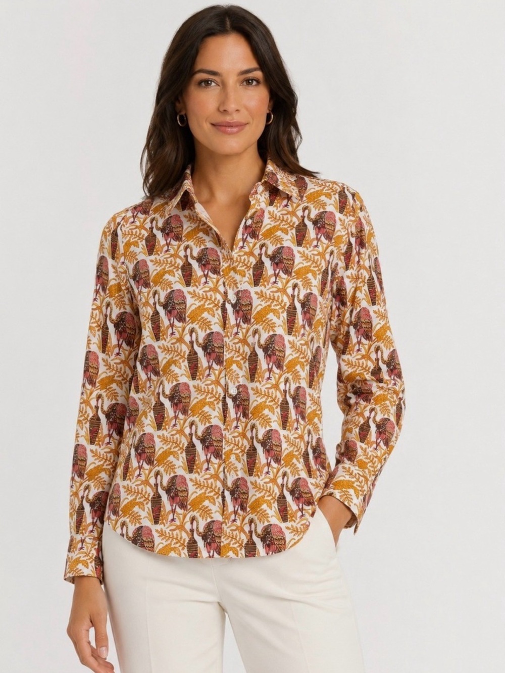 J.McLaughlin Lois Blouse Rare Bird Print Off White Coral Button Down Shirt S NWT
